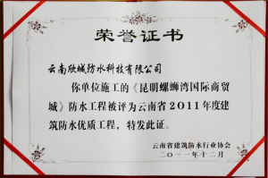 《昆明螺螺蛳湾国际商贸城》防水工程被评为云南省2011年度建筑防水优质工程