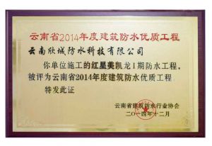 红星美凯龙1期防水工程被评为云南省2014年度建筑防水优质工程